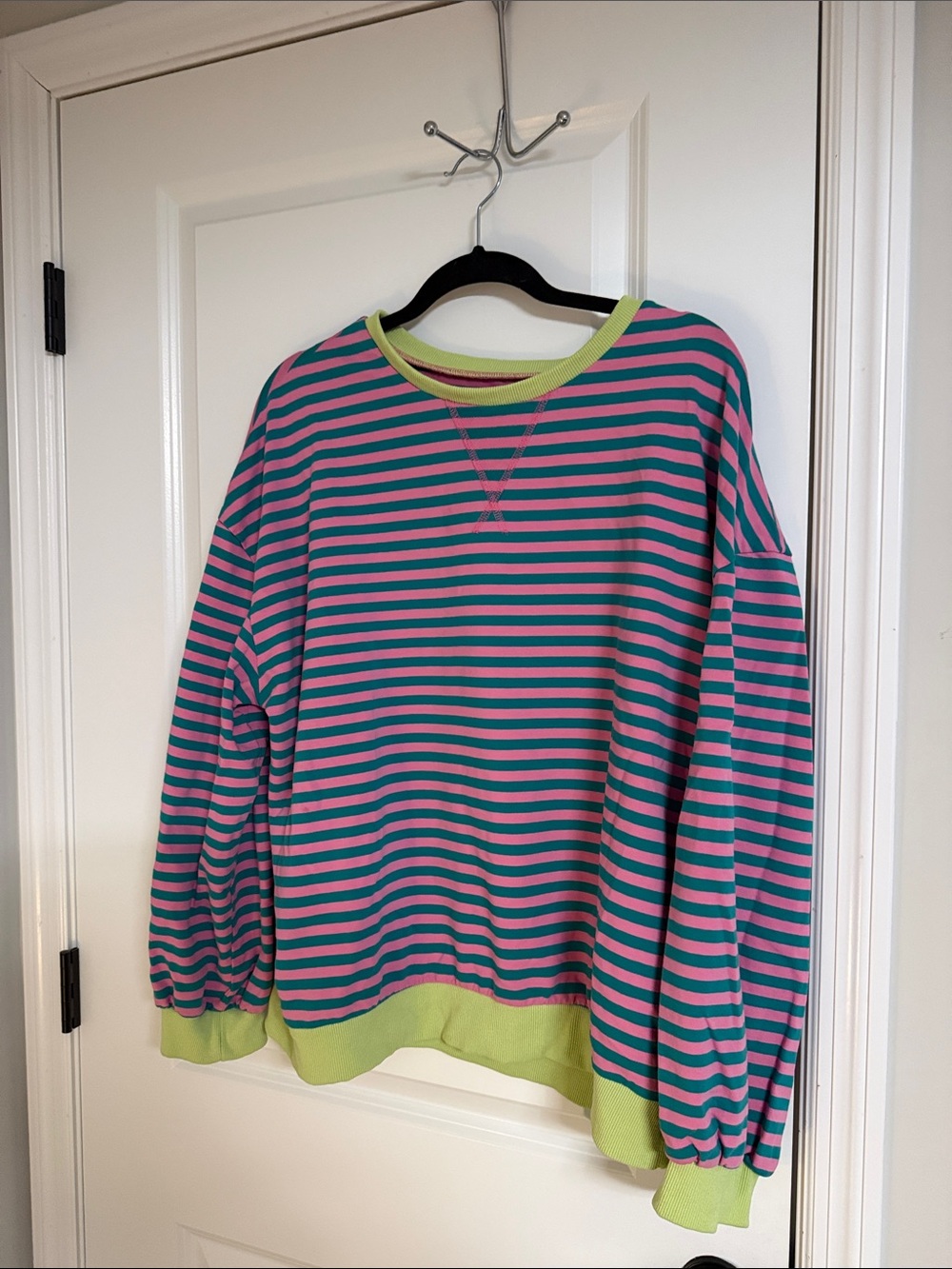 Women’s Striped Crewneck Sweatshirt - Pink & Teal with Lime Trim